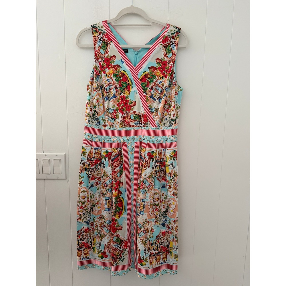 Talbots Italian Village Cafe Print V-Neck Fit & Flare Midi Dress Size 10 Cotton